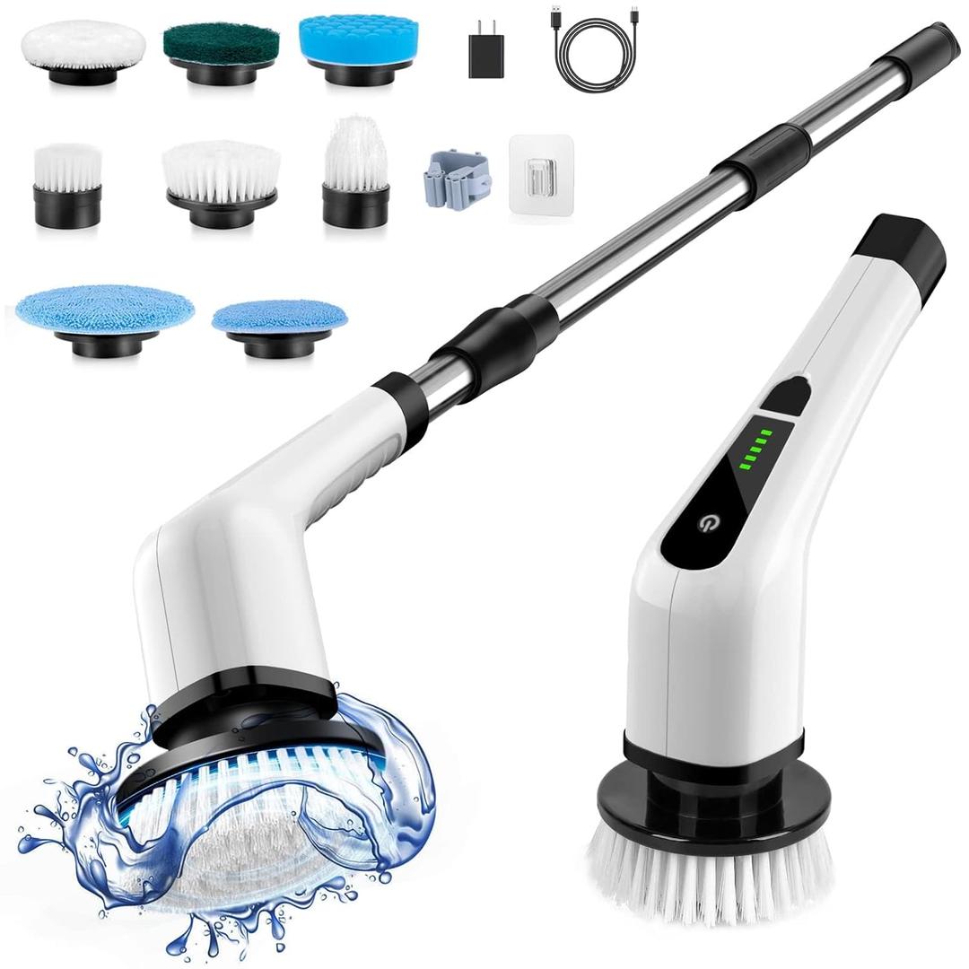 Electric Spin Scrubber, Cordless Cleaning Brush Scrubber for Home, 8 Replaceable Brush Heads-90Mins Work Time, 3 Adjustable Size, 2 Speeds for Bathroom Shower Bathtub Glass Car (White)