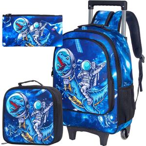 KLFVB Rolling Backpack for Girls Boys, Kids Roller Wheels School Bookbag with Lunch Bag, Wheeled School Bag for Children (Astronaut Dino)