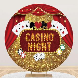 Casino Round Backdrop Cover Casino Theme Party Decorations 7.2ft Las Vegas Backdrop for Photography Gold Red Glitter Birthday Circle Background Photo Booth Props