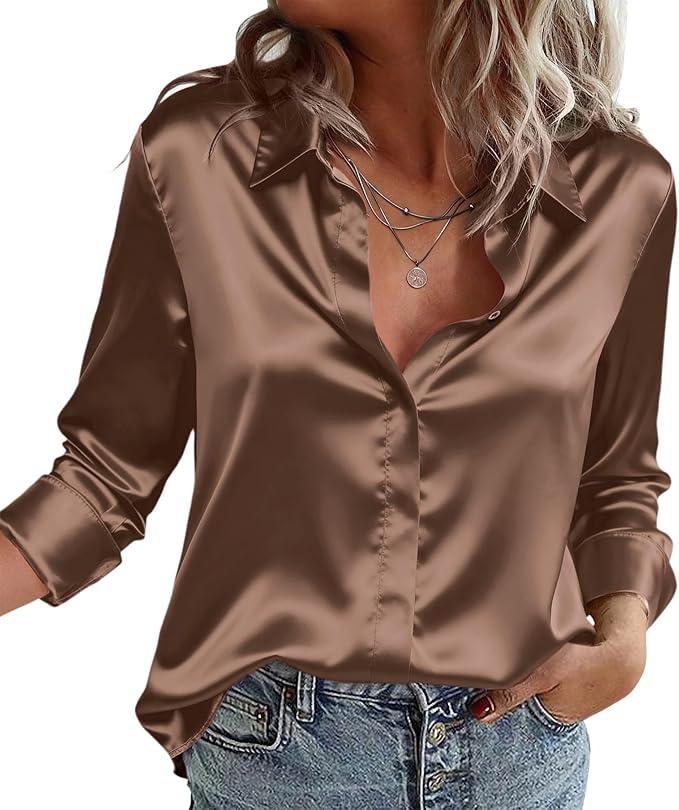 Satin Blouses for Women Silk Button Down Shirts Long Sleeve Business Casual Tops, Size M
