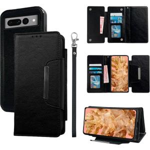 Trifold Wallet Case for Google Pixel 8 5G with Detachable Magnetic Flip Purse Wrist Strap Card Holder, Luxury PU Leather Stand Accessories Cell Phone Cover for Pixel8 Eight Women Men Black