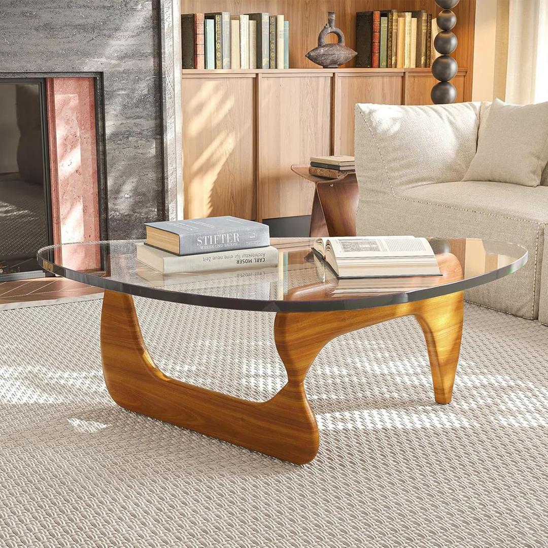 Modern Glass Coffee Table - Mid Century Design for Living Room, Rustic Oval Coffee Table with Tempered Glass Top & Wood Base (32.2in, Walnut Transparent)