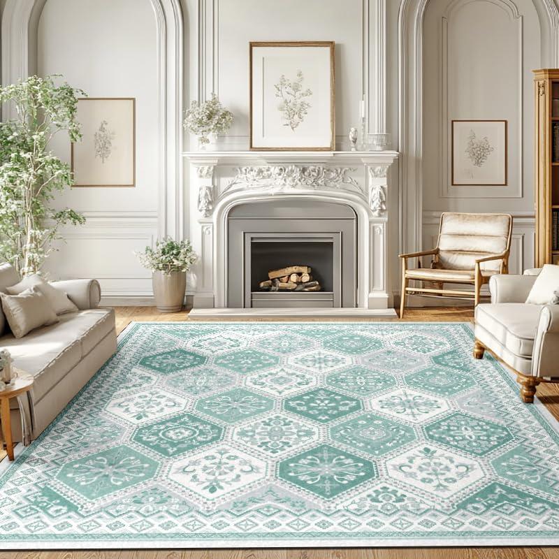 Moroccan Trellis Living Room Rug - 8x10 Washable Area Rug Non-Slip Low-Pile Soft Machine Washable Area Rugs 8x10 Printed Rug for Living Room Dining Room Bedroom Nursery Farmhouse - Teal (8'x10', Ema-teal)