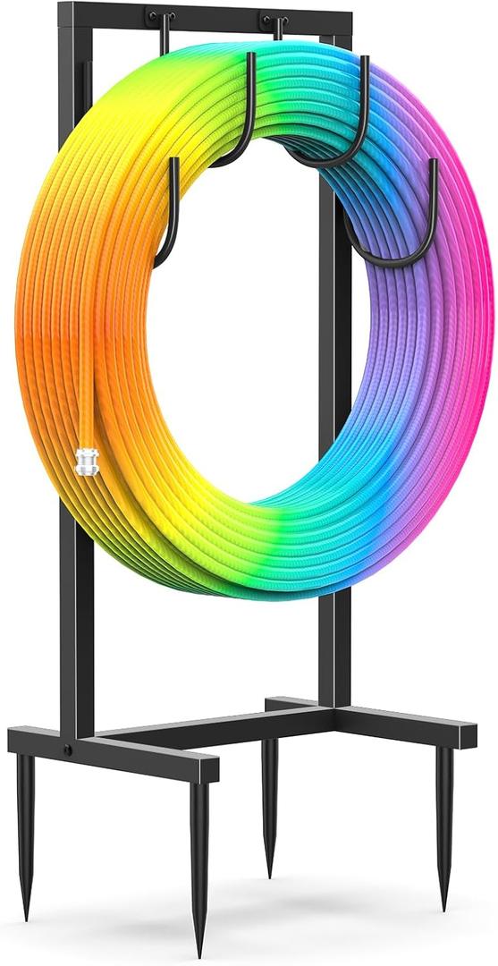 Heavy Duty Metal Garden Hose Holder  4-Hook Outdoor Hose Stand with 4 Reinforcing Spikes, Durable Water Hose Organizer for Yard & Lawn