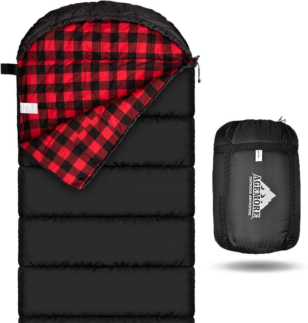 AGEMORE Cotton Flannel Sleeping Bag for Adults, Lightweight XXL Cotton Sleeping Bag for Camping Backpacking or Hiking, Water Resistant 3-4 Season Sleeping bag for Warm & Cool Weather (Black/ Red)
