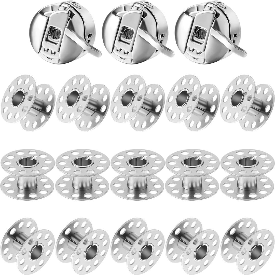 WILLBOND 3 Pcs Sewing Machine Bobbin Case and 15 Pcs Metal Sewing Machine Bobbins with Shuttle Holder for Craft, Suitable for Front Loading 15 Class Apparatus