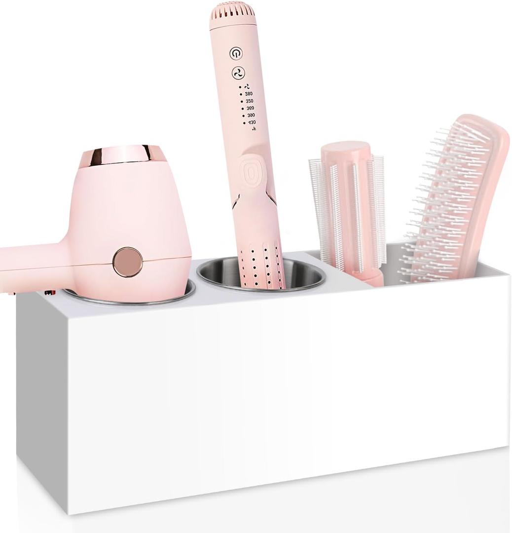Hair Tool Organizer, Hair Dryer Holder with Heatproof Steel Cups, Acrylic Vanity Organizer for Curling Iron, Flat Iron & Hair Brushes, Perfect for Bathroom (White, Standard)