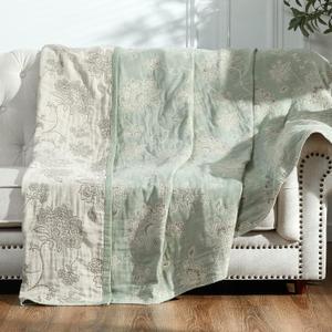 jinchan Boho 100% Cotton Muslin Twin Size 50x60 Inches Blanket Lightweight 4-Layer Quilted Soft Green and Beige Floral Throw Blanket Reversible Comfy Flower Breathable All Seasons Couch Bedroom Decor
