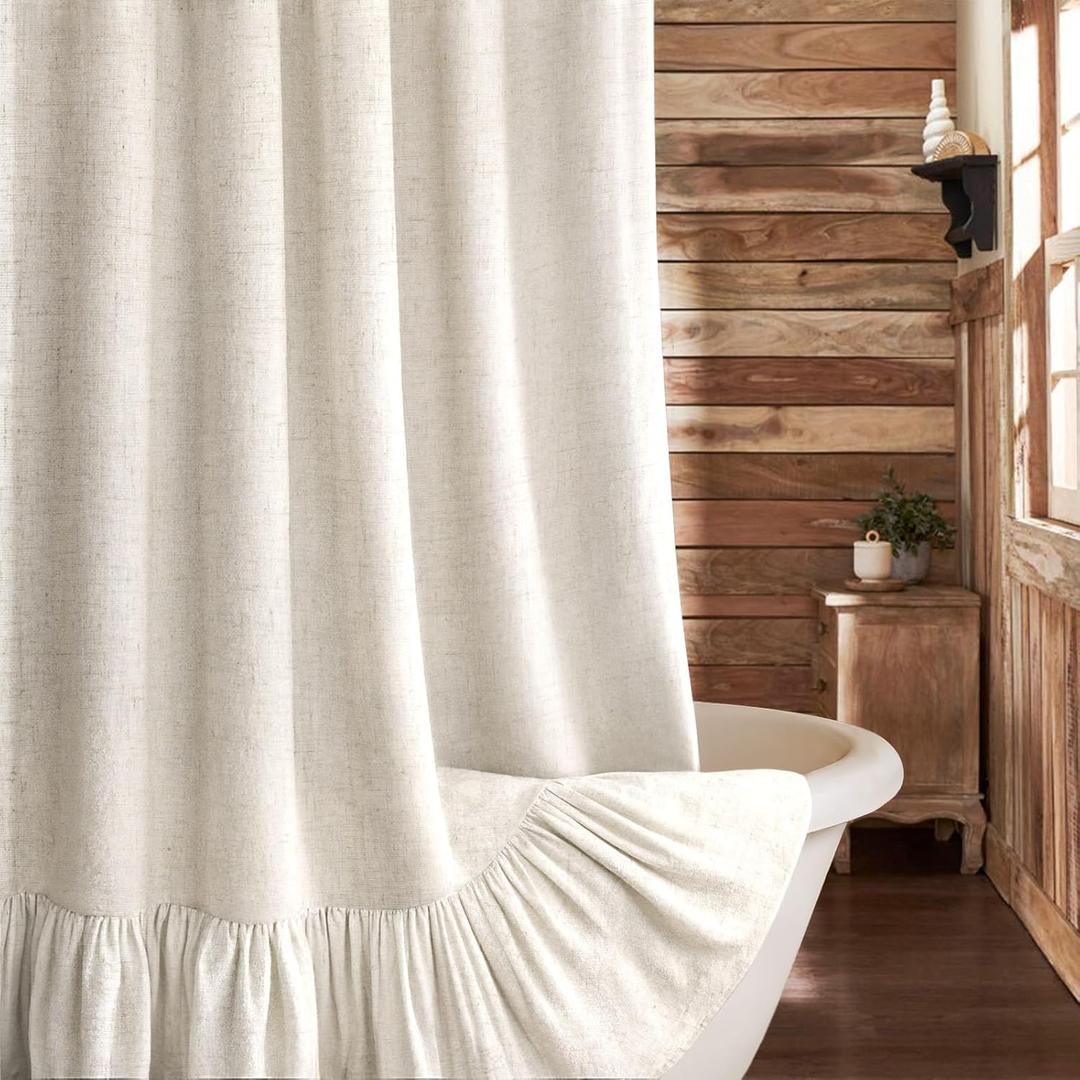 Farmhouse Shower Curtain with Ruffle Hem Linen Flax Ivory White Shower Curtains for Bathroom Country Vintage Rustic Natural Fabric, 72" W x 72" L