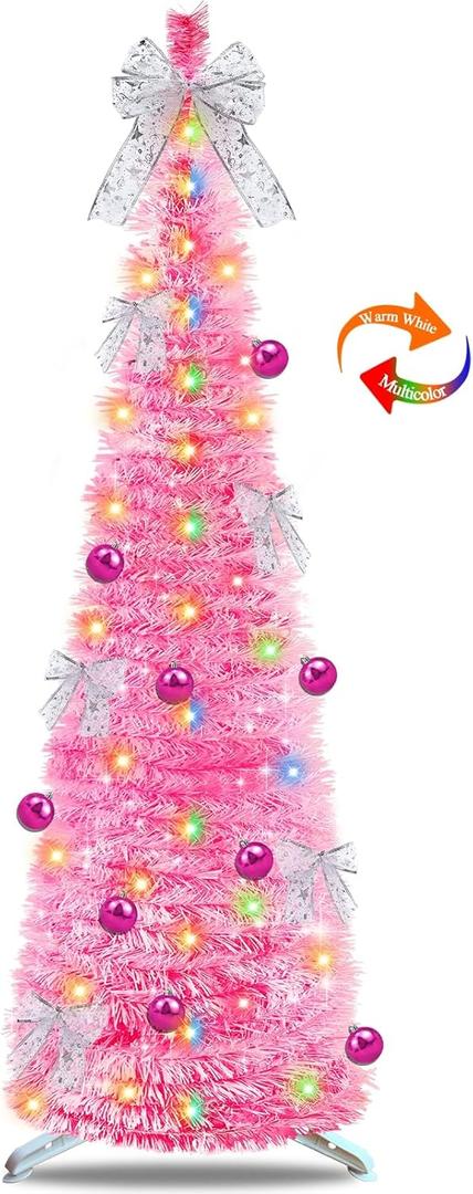 6 Ft Pop Up Tinsel Christmas Tree Christmas Pink Decor, Dual Color Change Lights DIY Ornaments Skinny 1 Minute Tree Warm White & Multicolor Light Timer Christmas Decoration Holiday Valentine's Day