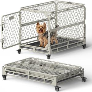 30 Inch Collapsible Dog Crate for Small Dogs, Foldable Metal Dog Kennel with Reinforced Diamond Wire Mesh, Escape Proof Foldable Dog Cage, Leak-Proof Removable Tray, Double Secure Door Latch