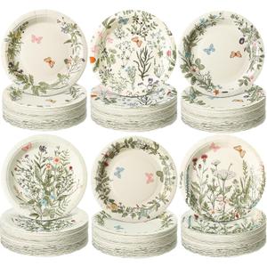 60 Pcs 7 Inch Vintage Wildflower Paper Plates Retro Flower Plant Herb Decorations Tableware Butterfly Dinnerware Decoration for Spring Summer Garden Home Picnic Decoration Supplies (Green)