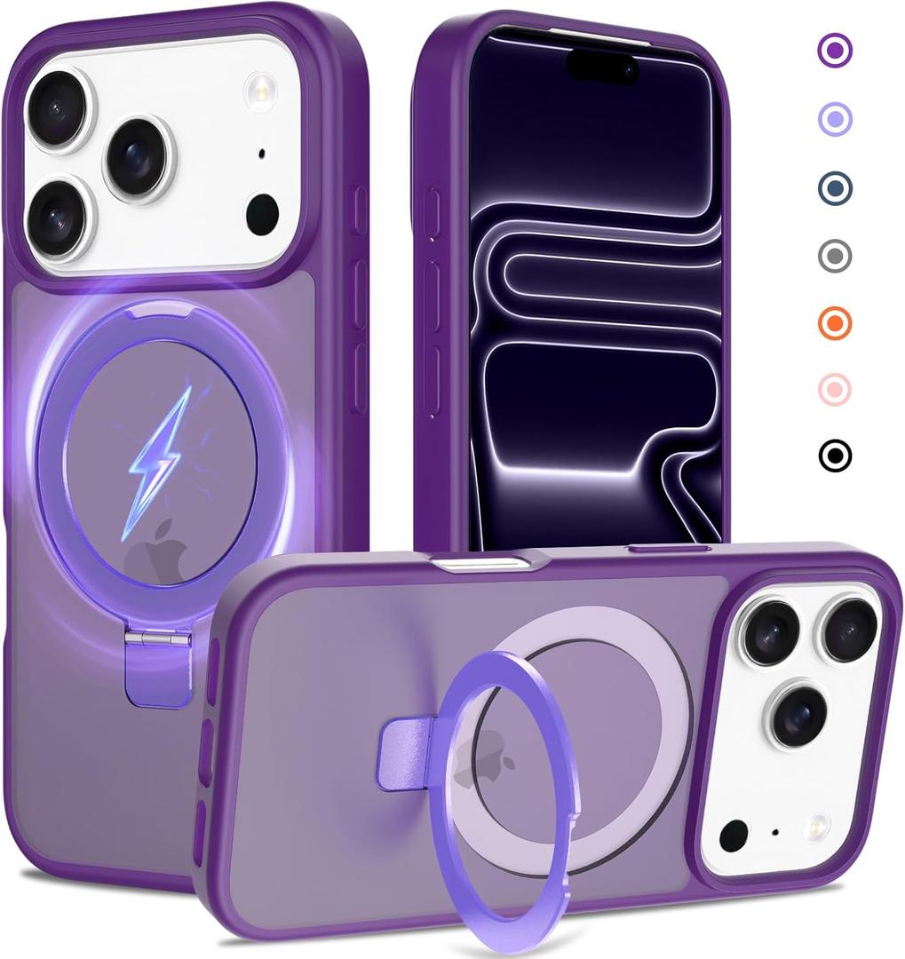 Ultra-Magnetic Stand for iPhone 17 Pro Case [Military Drop Protection] [Compatible with MagSafe] Shockproof Translucent Matte Slim Ring Holder Case for iPhone 17 Pro (Purple)