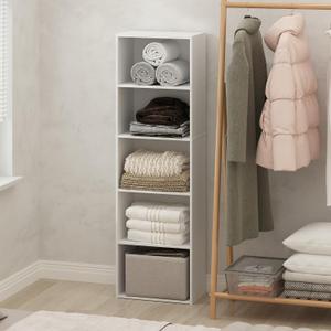 Furinno Reed Closet Organizers and Storage, 5-Tier Closet Organizer, Open Shelf Closet Storage, for Wardrobe, Bedroom, Living Room, White, 5-Tier, 15.8"W