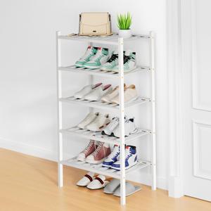 Smiry Small Bamboo Shoe Rack, 5 Tier Free Standing Wooden Shoe Organizer, Stackable Wood Shoe Storage Shelf for Closet, Entryway, 12 Vertical Slats, 2+2+1 Stack Standard Legs, 17.3"x11"x32.5", White