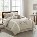 Stratford Park Beige Comforter Set King Size, 7 Piece Embroidery Bedding Set, Pillow Sham, Bedskirt, Decorative Pillow, Floral Comforters, Home Decor