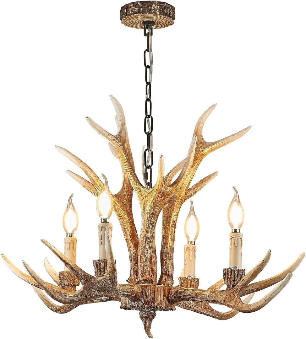Antler Chandelier 4 Lights, Vintage Rustic Farmhouse Brown Art Deco Style Ceiling Lighting, E12 Base Compatible, Perfect for Living Room Dining Room Bedroom (4 Lamp arms+3 arms)