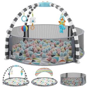 5 in 1 Baby Play Gym and Ball Pit -Playgym with 6 Toys, Balls, Tummy Pillow, Tummy Time Play Mat - Easy to Set Up Baby Activity Mat - Gym Ball Pit - Infant Playmats for Boy & Girls