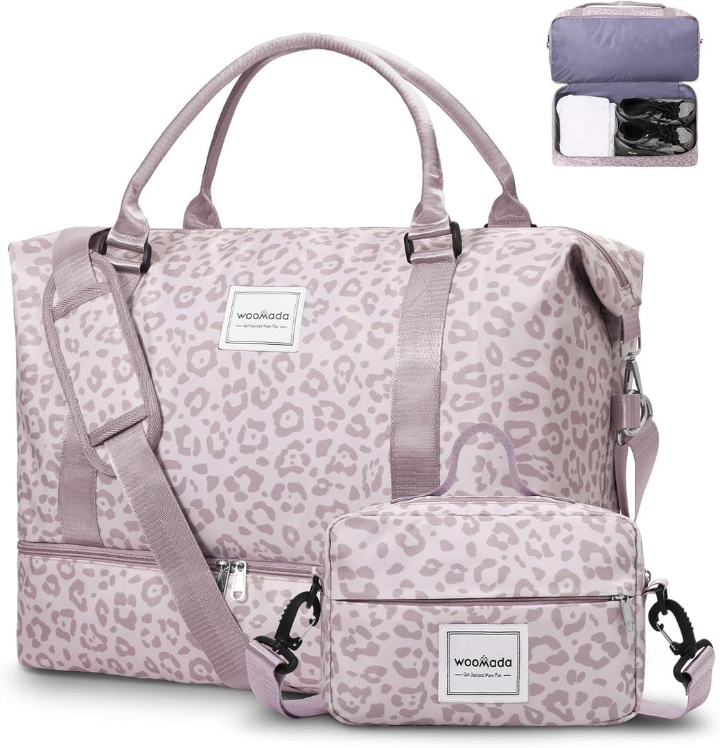 WOOMADA Weekender Overnight Bag for Women, Shoulder Travel Duffel with Shoes Compartment,Gym Bag with Toiletry Bag (Pink Leopard)