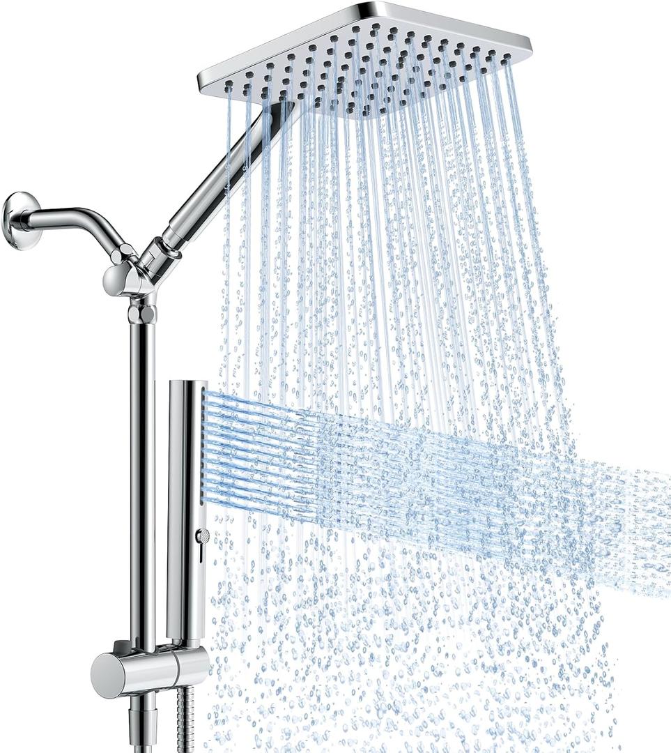Shower Heads with Handheld Spray Combo, 10 Inch High Pressure Rain/Rainfall Shower Head, Height Adjustable Dual 2 in 1 Shower Head System with Stainless Steel Hose (Chrome)