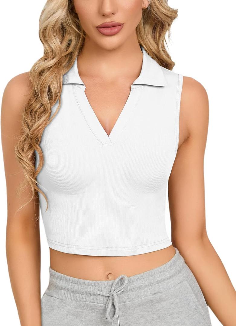 CLOZOZ Womens Tank Tops Polo Crop Top V Neck Ribbed Sleeveless Tops Collar Shirts Womens Crop Tops Polo Cropped Tank Trendy (X-Small, White)
