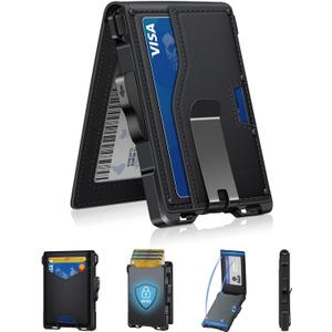 Wallet for Men, Minimalist Slim Mens Wallet with Money Clip, RFID Blocking Smart Pop Up Card Wallet with ID Window, Compact Bifold Wallet,Metal Aluminum Credit Card Holder (Black)