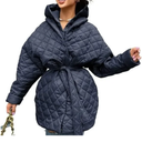 BTFBM Women Button Down Quilted Jacket Coat 2023 Fall Winter Fashion Belt Pockets Removable Padded Hood Puffer Outerwear S Navy