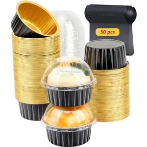 5oz Foil Ramekins with Lids 50 Pack,Free-Air Aluminum Foil Cupcake Liners Muffin Cups,Disposable Muffin Tins Jumbo Cupcake Baking Cups Muffin Pans for Custard Creme Brulee,with 50 Spoons-Black