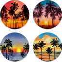 Coasters for Drinks, Set of 4 Absorbent Ceramic Coasters, Tropical Sunset Palm, Round, 4 Inches