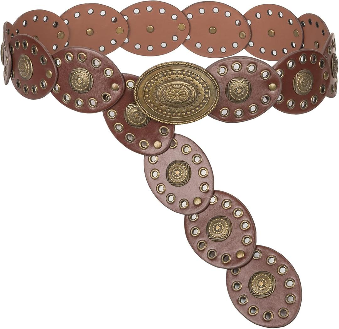 INOGIH Womens Wide Western Cowboy Disc Belt Vintage Cowgirl Concho Leather Belts Boho Style for Jeans Dress Skirt (Brown) For Waist 28-38 in