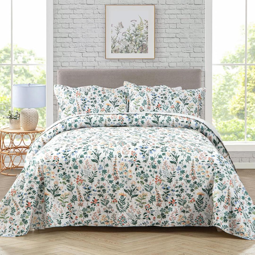 Travan 3-Piece Quilt Set Quilted Bedspread Lightweight Coverlet Set Garden Style Floral Printed Oversized Quilted Bedding Set with Shams for All Season, Exquisite, Queen Size (B-flower)