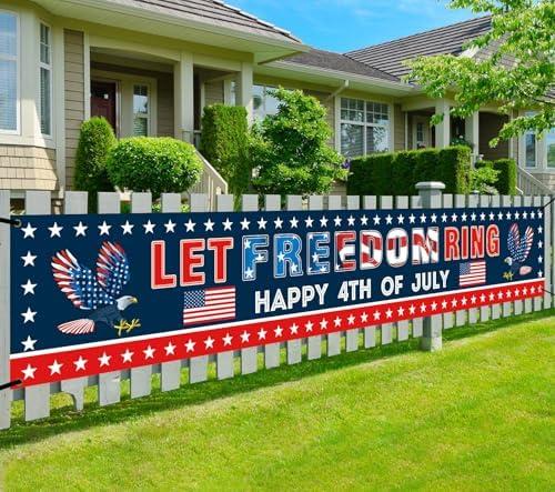 Ufocusmi 4th of July Decorations Let Freedom Ring Banner, Red White and Blue Happy 4th of July Yard Sign, Patriotic Party Decor 9.8 x 1.6 ft, Set of 2