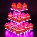 YestBuy 3 Tier Square Cupcake Stand - Premium Cupcake Holder - Acrylic Cupcake Tower Display - 3 Tier Acrylic Display for Pastry + LED Light String - Ideal for Weddings, Birthday Parties (Pink Light)