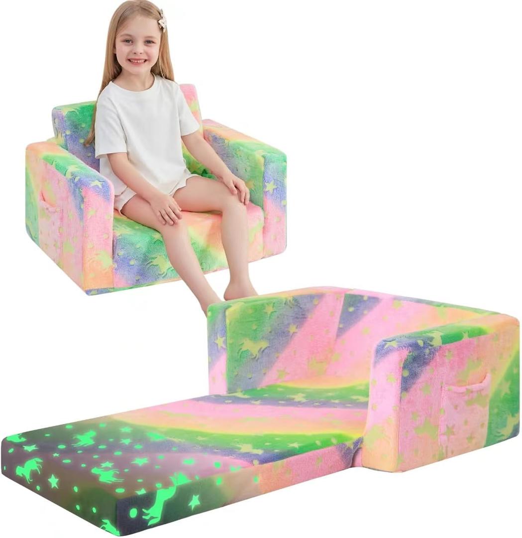Toddler Couch, 2-in-1 Soft Kids Couch Bed Fold Out, Toddler Chairs Comfy for Boys & Girls, Convertible Kids Sofa to Lounge for Playroom, Gift for Birthday, Children's Day - Glow Unicorn | Portable, Convertible, Removable Cover