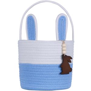 Easter Basket, Empty Easter Baskets for Kids Boys Girls with Bunny Tag Egg Basket Eater Gifts Basket Toddler Teens Babys First Easter Basket with Handle Blue White