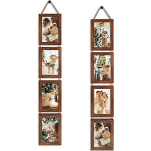 QUTREY 4x6 Hanging Picture Frames Collage Set of 2, 4 Openings 4 x 6 Photo Frames for Vertical 4 by 6 inch Pictures for Wall Decor, Walnut Brown