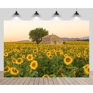 20ftx10ft Sunflowers Field Backdrop Beautiful Rural Stone House Big Tree Natural Scenery Background for Sunflower Theme Birthday Party Decoration Kids Adults Portrait Photo Studio Props (20x10FT, B1-617)