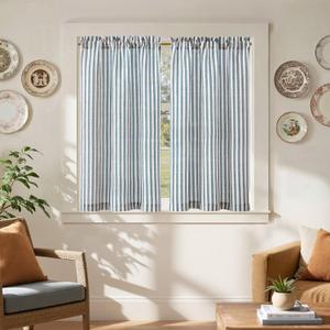 jinchan Striped Linen Kitchen Curtains 45 Inches Length Tier Curtains Farmhouse Modern Cafe Style Small Window Treatments Airy Light Filtering Rod Pocket for Living Room Bathroom 2 Panels Blue