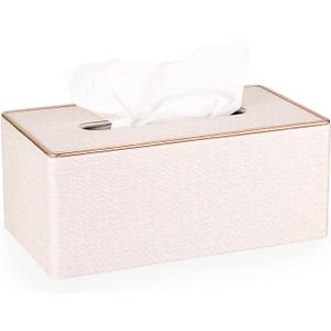 Sumnacon Rectangular Linen Tissue Box Cover - Stylish Tissue Box Holder with Magnetic Bottom, Decorative Tissue Box for Bathroom Toilet Vanity Night Stand Table Countertop Office, Beige Linen Texture (Medium, Beige With Rose Gold Trim)