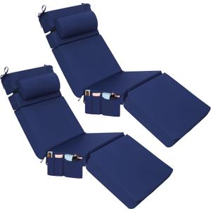 Wenqik 2 Pcs Outdoor Chaise Lounge Cushion with Pillow and Side Pocket Waterproof Lounge Chair Cushions with Pocket on Back 72 x 21 x 4 Inch Patio Replacement Pad for Pool Furniture(Navy Blue)