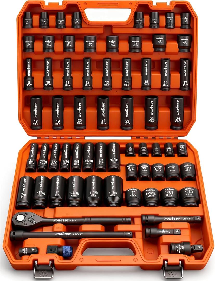 HORUSDY 1/2" Drive Impact Socket Set, 67 Piece, SAE (3/8" to 1-1/4") and Metric (8-24mm), 6 Point, Cr-V, Includes 1/2-Inch Drive Ratchet Handle, Extension Bar, Universal Joint and Adapter