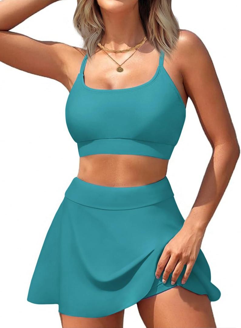 AI'MAGE High Waisted Bikini Sets Tummy Control Two Piece Swimsuit Scoop Neck Bathing Suit Sporty Padded with Skirt (Medium, Dark Green Blue)