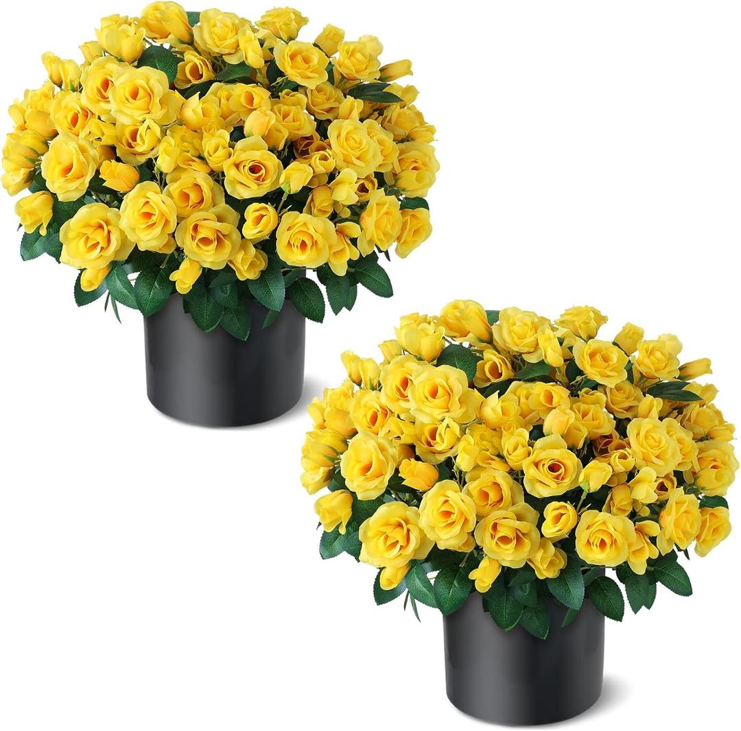 Juxdp 2 Set of Artificial Rose Topiary Trees - Faux Silk Flower Potted Plant, UV Resistant Fake Outdoor Rose Bush for Front Door, Farmhouse, Porch, Garden Decor (Yellow)
