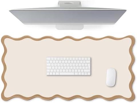 Hahafelt Scalloped Desk Mat Large Desk Pad Cute Coquette Table Mat Back to School Preppy Table Make up Pad Nonslip Graduation Gift with Stitching Waterproof Gaming(Beige,23.6 x 13.8 Inches)