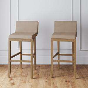 Nathan James Gracie Modern Bar Stool with Back, Cushioned Bar Height Stool with Natural Flax Upholstery and Brushed Wooden Legs, Natural Flax/Brown, Set of 2 (Medium Brown/Beige)