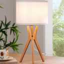 EDISHINE Modern Tripod Table Lamp, 17.5" Bedside Lamp with Natural Wood Light Legs & White Linen Lampshade, Nightstand Lamp for Bedroom, Living Room, Reading Room, E26 Base
