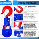 YATOINTO 8-ton Snatch Block with Hook, 6" Sheave 3/4" Inch Wire Rope Snatch Block, 17,600lbs Snatch Pulley for Rollback Wrecker Car Hauler Winch