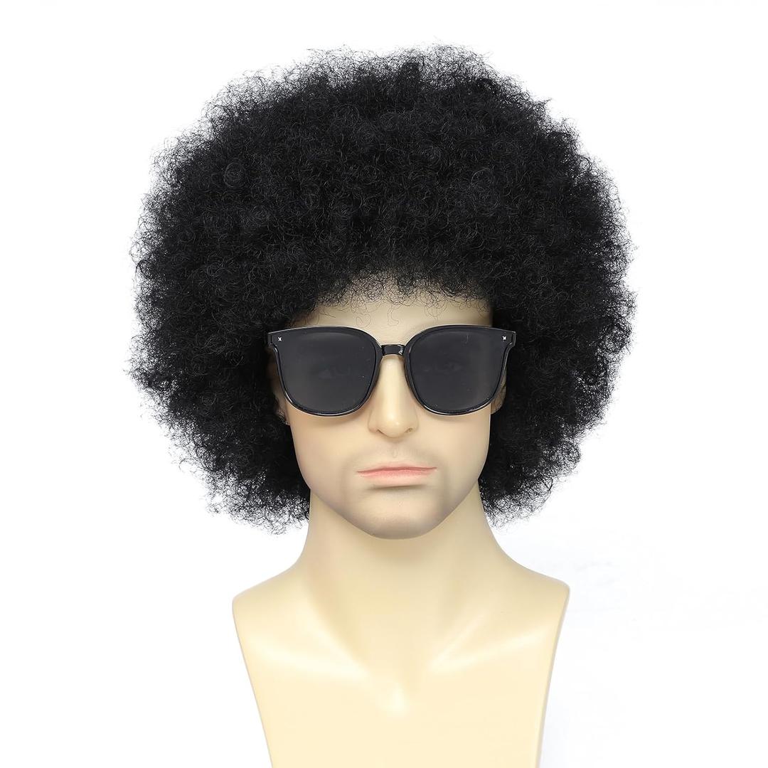 Black Afro Funny Wig for Men with Glasses,70s 80s Outfits Disco Wig for Cosplay Party Halloween (Black)