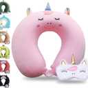 Sexysamba Cartoon Headrest & Neck Pillow for Kids Boys & Girls, Teens, Travel Accessories for Airplane, Car, Recline, Memory Foam Cute Travel Pillow with Sleep Eye Mask - Pink Unicorn