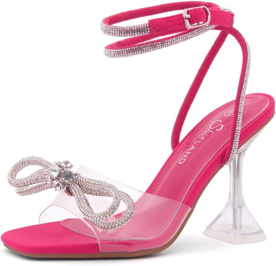 Shoe Land Women’s Clear Rhinestone Bow Heels – Double Bowknot & Adjustable Ankle Strap | Crystal Stiletto High Heels with Square Open Toe for Wedding & Party 10